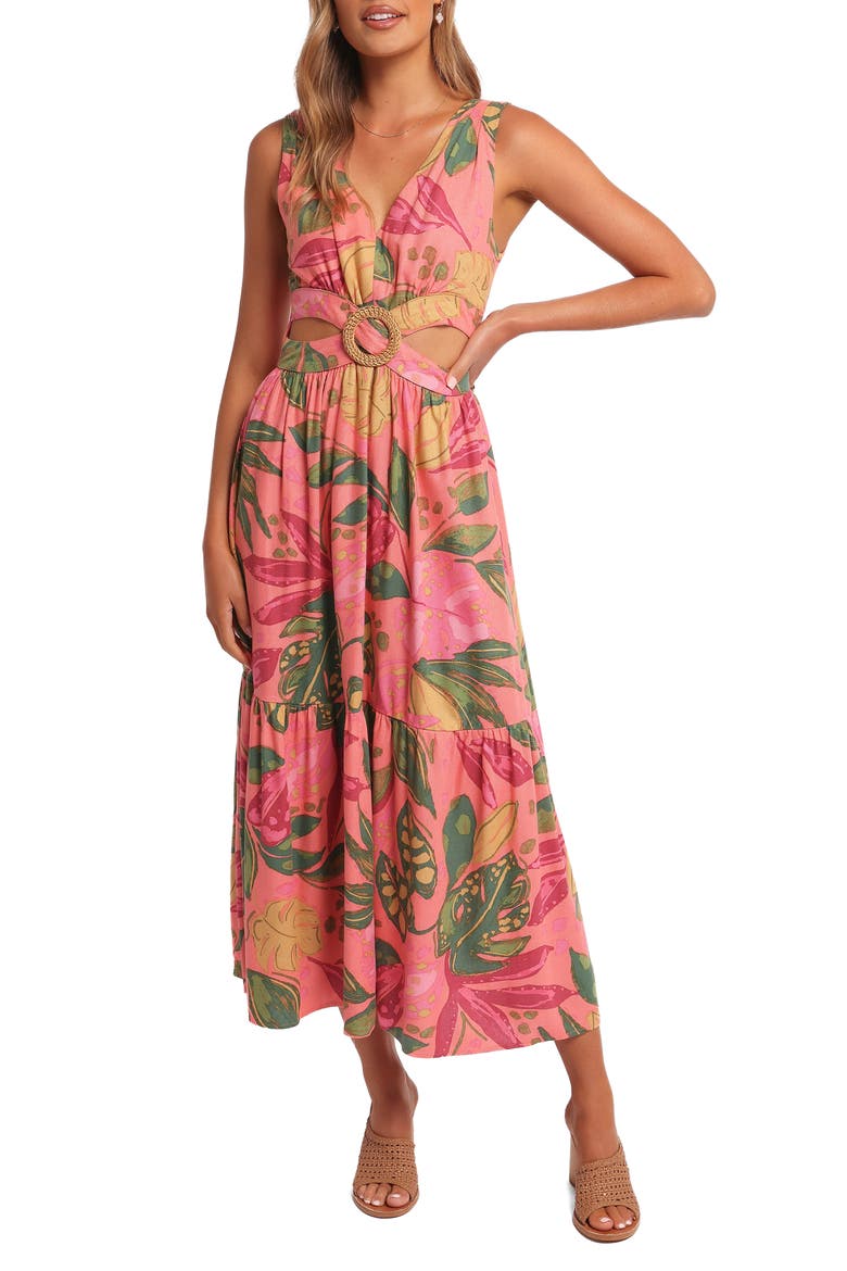 Oasis Print Cutout Midi Dress, Main, color, PINK RIO
