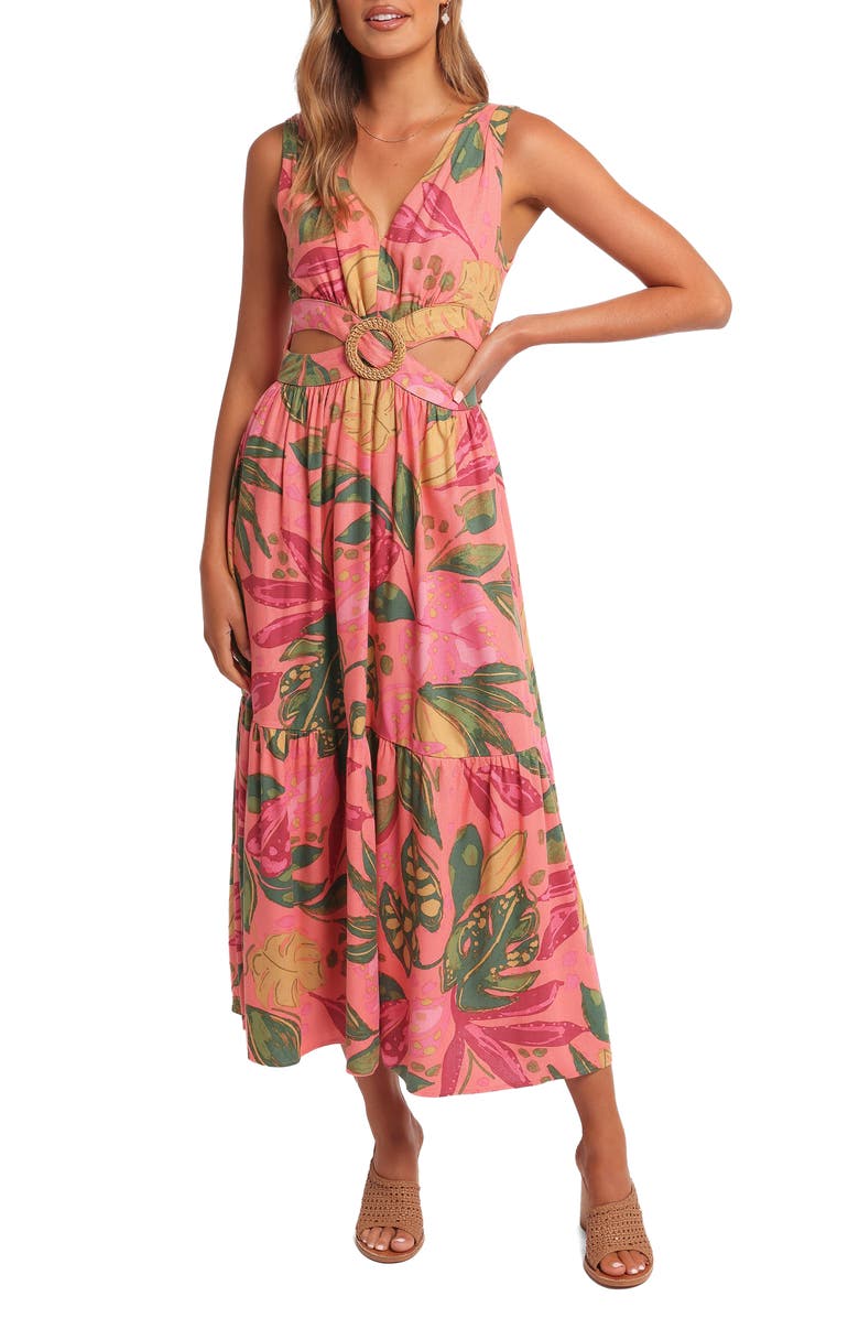 Petal & Pup Oasis Print Cutout Midi Dress, Main, color, Pink Rio