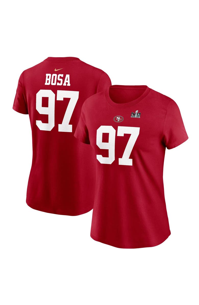 Nike Women's Nike Nick Bosa Scarlet San Francisco 49ers Super Bowl LVIII Patch Player Name & Number T-Shirt, Main, color,
