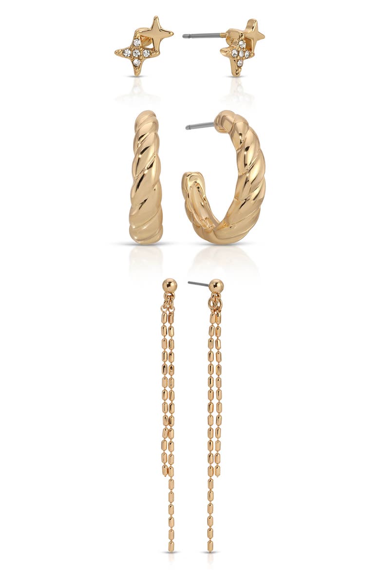 3 Pairs of Earrings, Main, color, GOLD