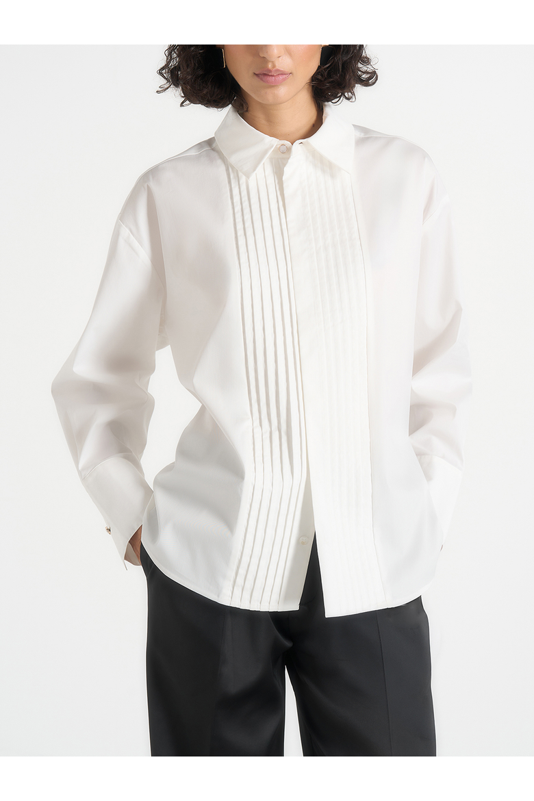 Hope Oversized Pleated Tuxedo Cotton Shirt, Main, color, White