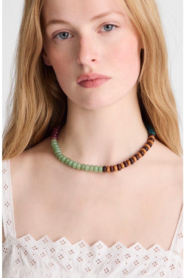 Wood & Semiprecious Stone Beaded Necklace, Alternate, color, ANTIQUE GOLD/ GREEN MULTI