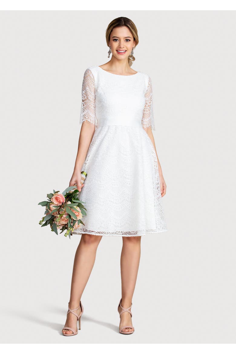 Evie 3/4 Sleeve Knee Length Lace Dress, Main, color, Ivory