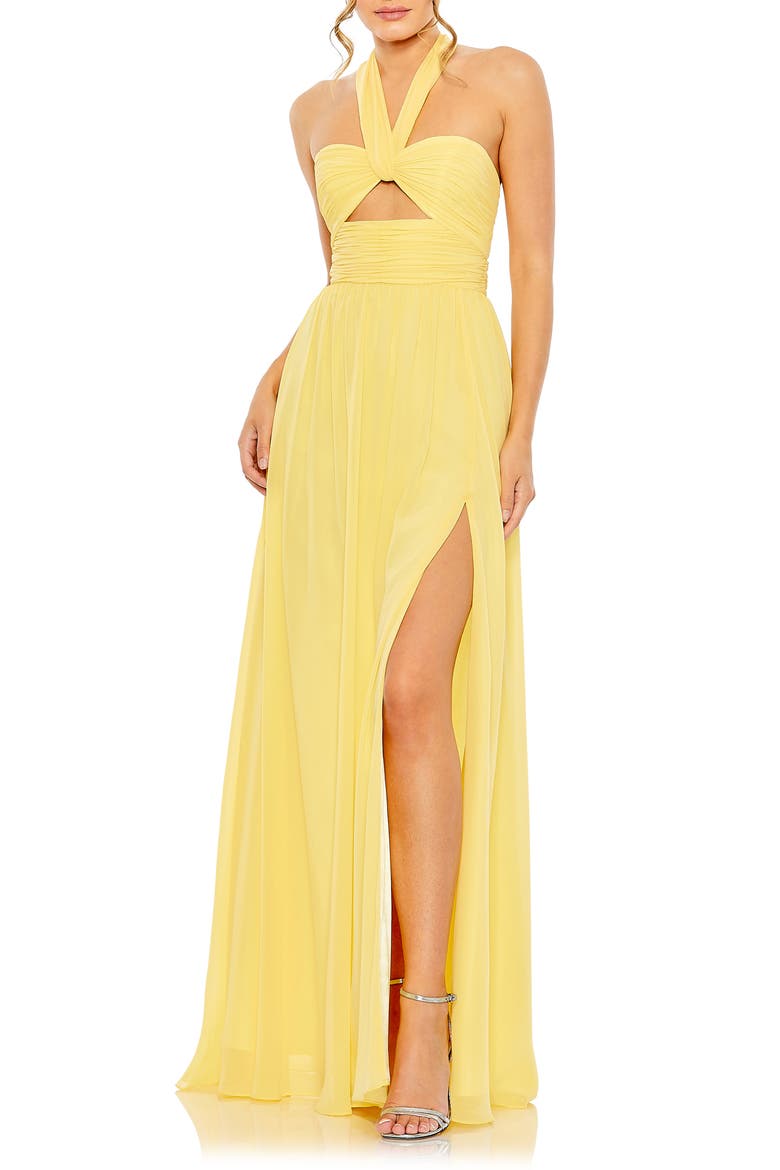 Ruched Halter Neck Gown, Main, color, SUNSHINE