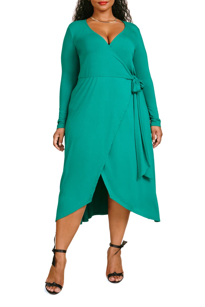 Luna Long Sleeve Jersey Wrap Dress, Alternate, color, MARINE GREEN