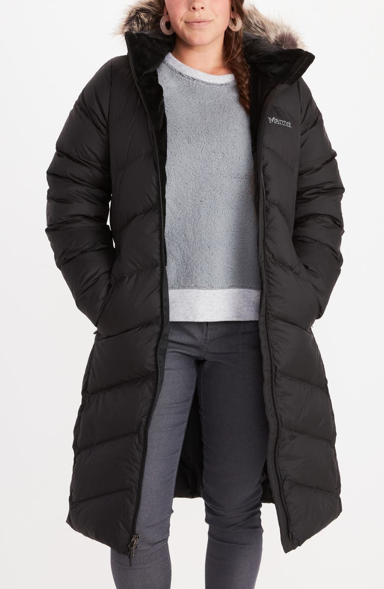 Marmot Montreaux 700 Fill Power Down Hooded Coat with Faux Fur Trim, Main, color, Black