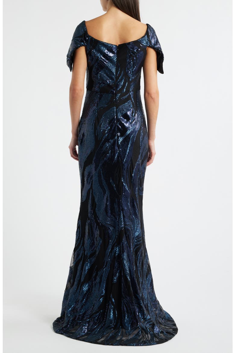 Sequin Wave Off the Shoulder Gown, Alternate, color, NAVY