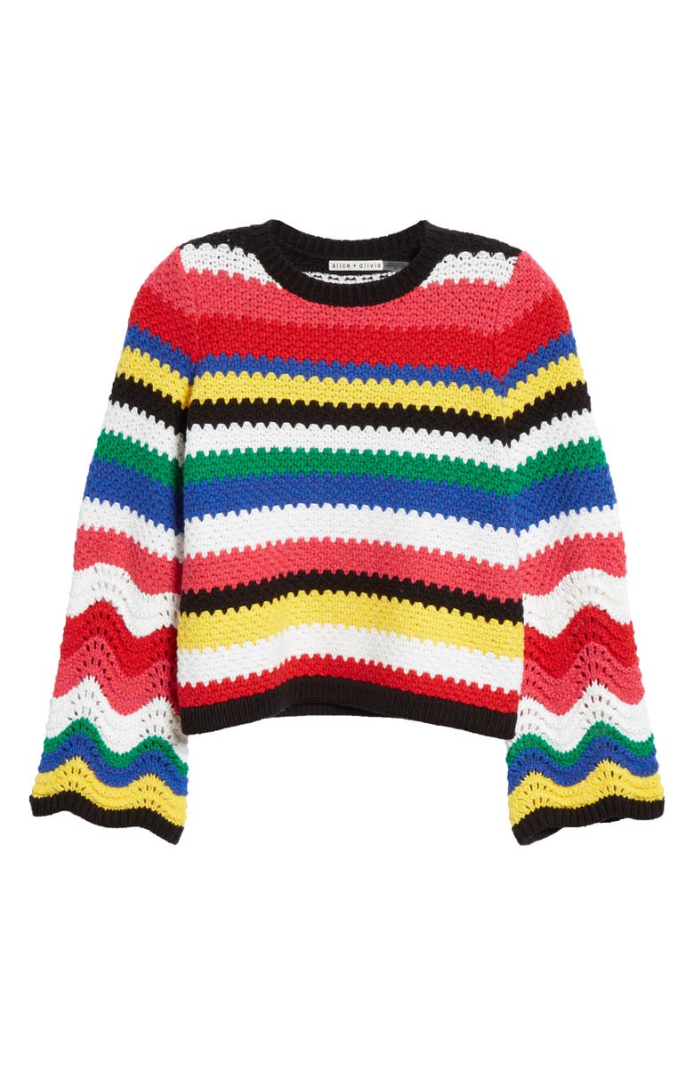 Alice + Olivia Alivia Stripe Bell Sleeve Cotton Blend Sweater, Alternate, color, 