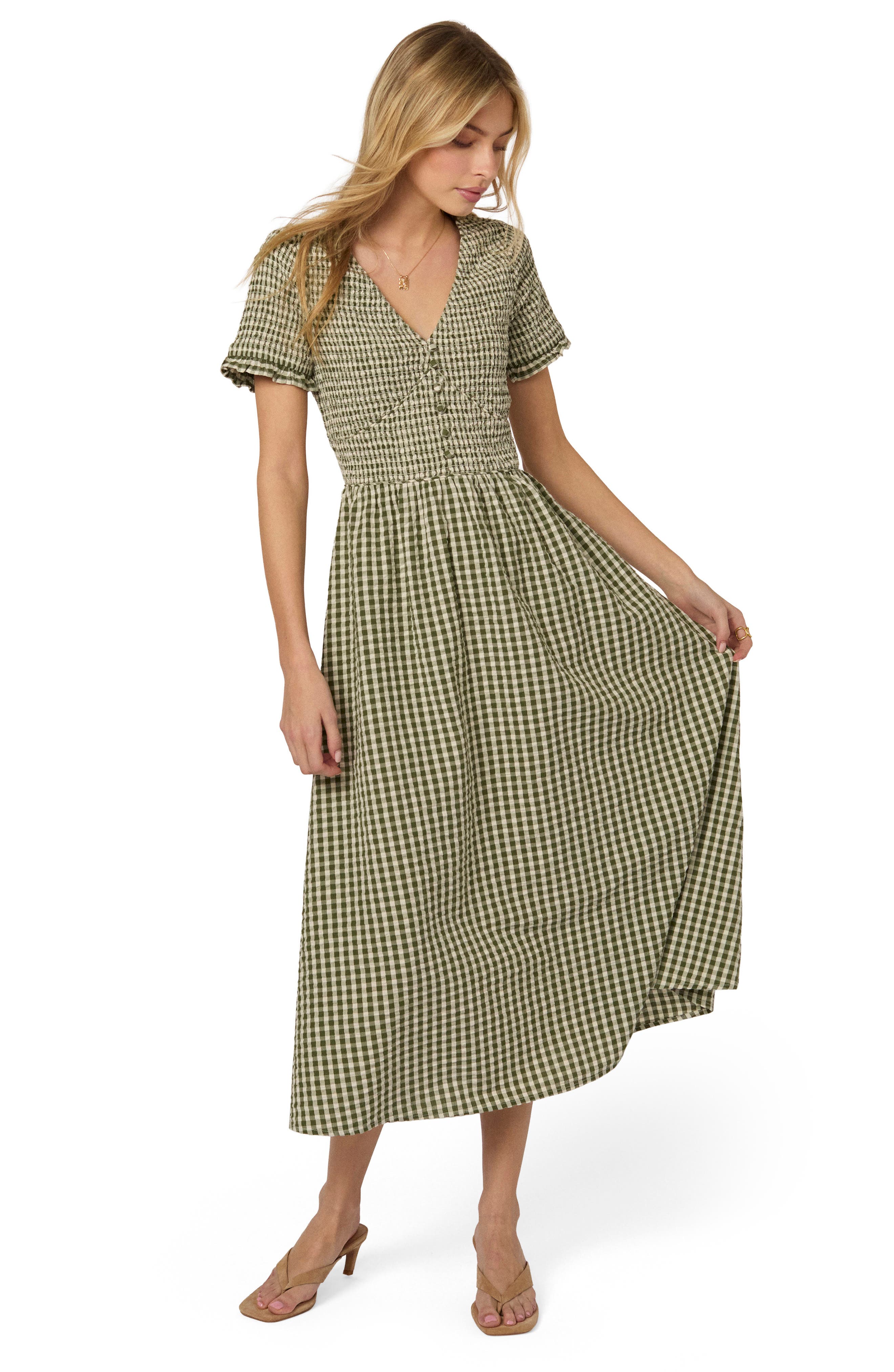 ワンピース HLT Classic Monochrome Check Midi Dress Eliza Check Midi Dress (Women) | Nordstrom