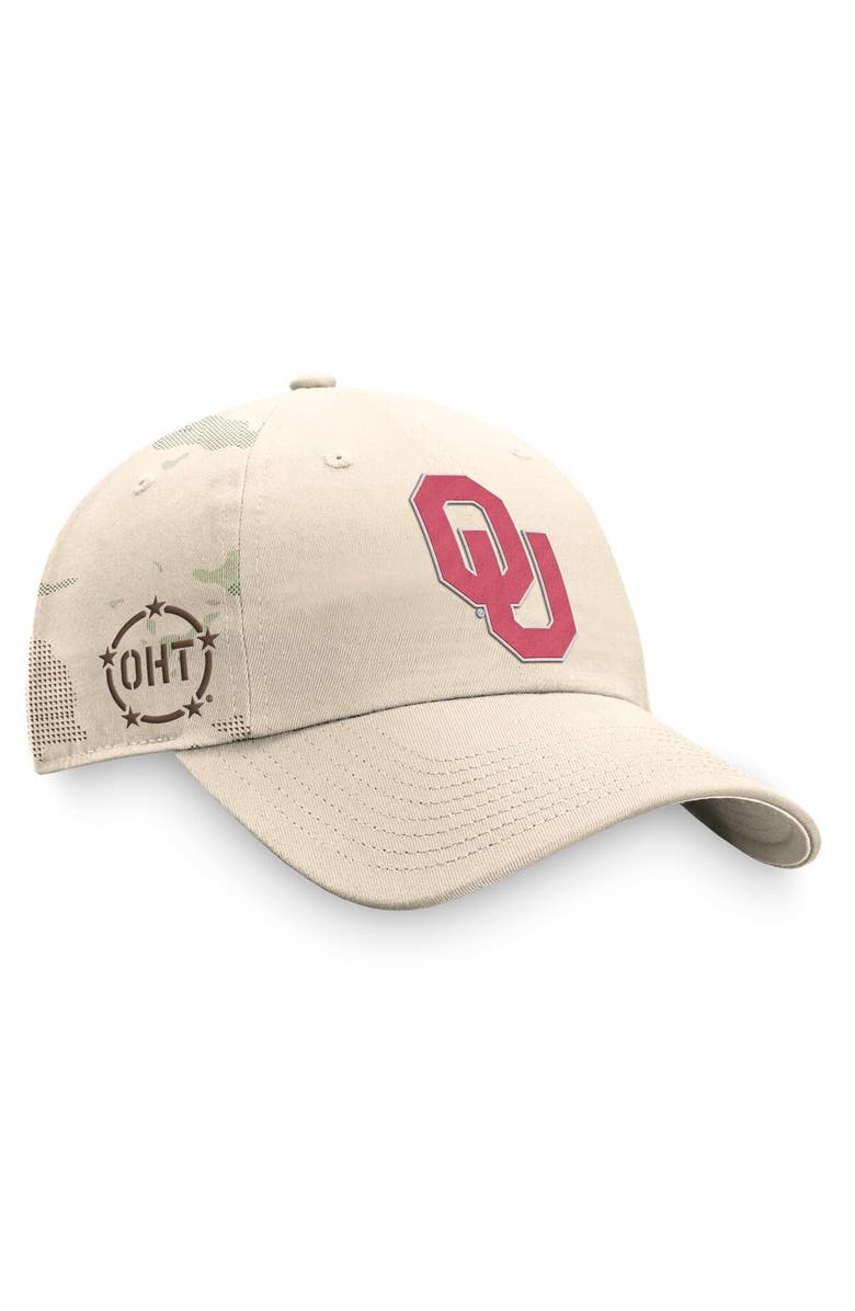 TOP OF THE WORLD Men's Top of the World Khaki Oklahoma Sooners OHT Military Appreciation Camo Dune Adjustable Hat, Main, color,
