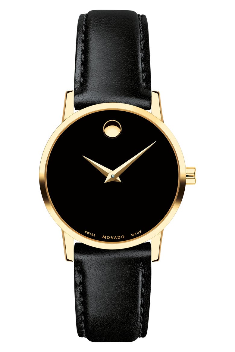 Leather Strap Watch, 28mm, Main, color, BLACK/ GOLD