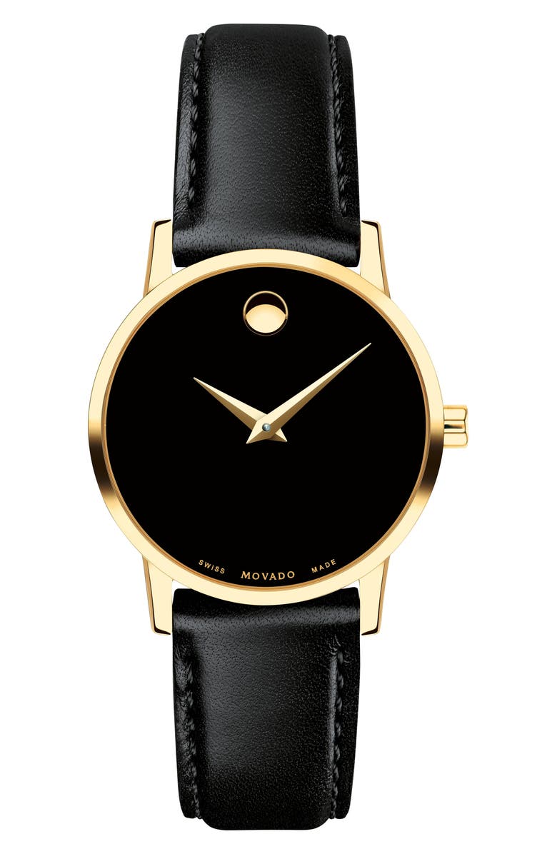 Movado Leather Strap Watch, 28mm, Main, color, Black/ Gold