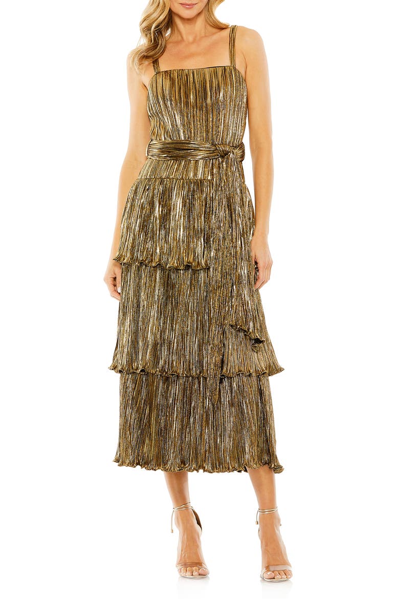 Square Neck Metallic Plissé Dress with Buckle Detail, Main, color, ANTIQUE GOLD