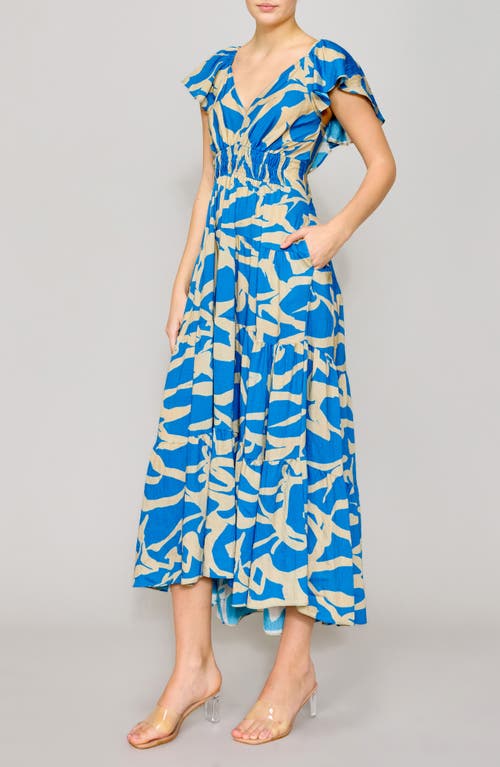 Melloday Printed Shirred Waist Tiered Maxi Sundress In Blue Ivory
