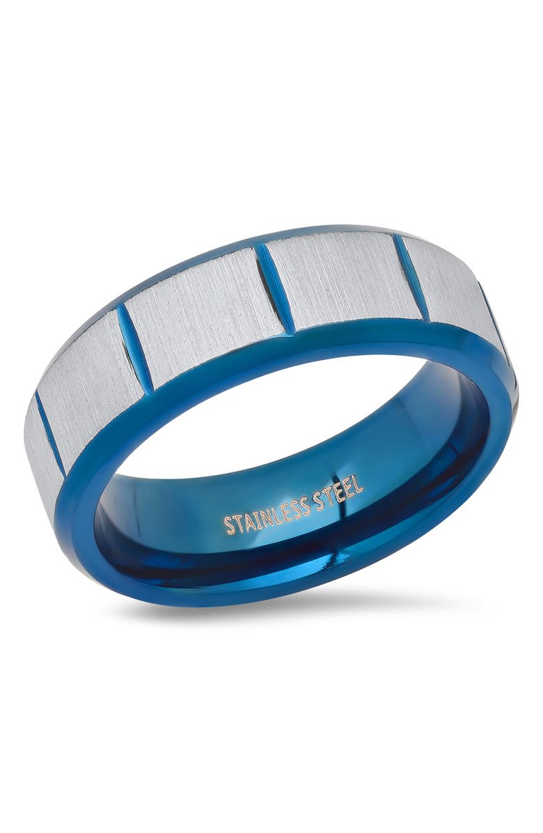 HMY JEWELRY Men's Two-Tone Blue Ion Plated Stainless Steel Brushed Band Ring, Main, color, 