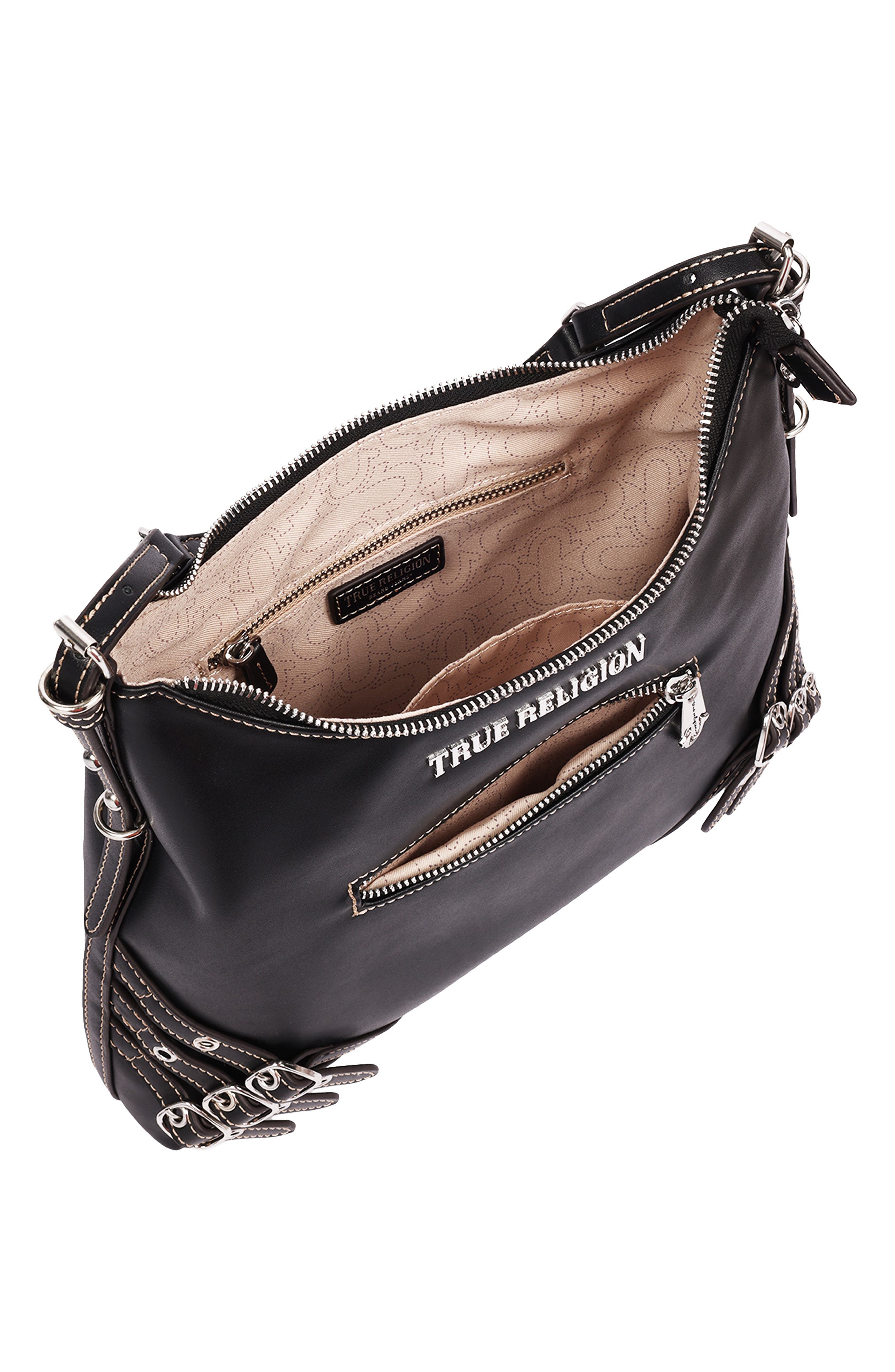 Triple Straps Large Faux Leather Hobo, Alternate, color, BLACK