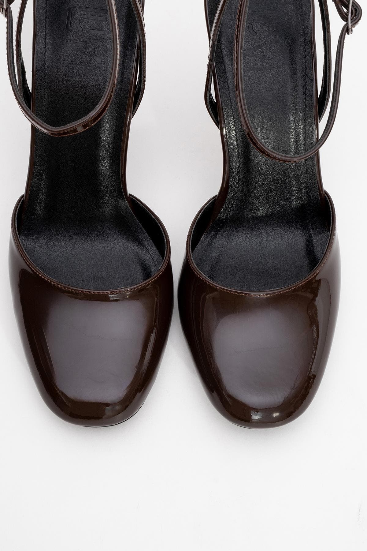 Prologue Shoes Blues Round Toe Ankle Strap Pump, Alternate, color, Brown Patent