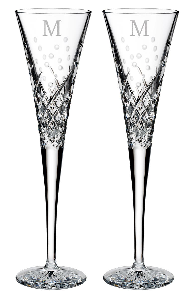 Waterford Happy Celebrations Set of 2 Monogram Lead Crystal Champagne Flutes, Main, color, 