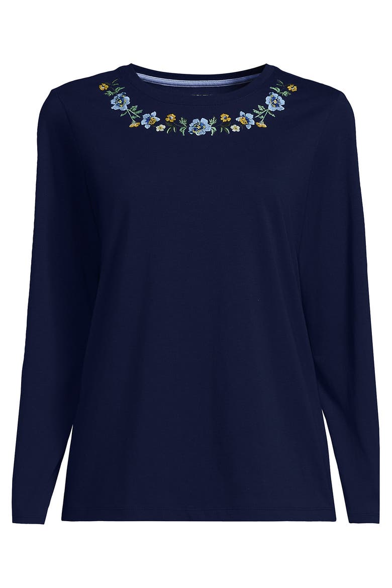 Supima Cotton Long Sleeve Crewneck T-Shirt, Alternate, color, Floral Embroidery/Deep Sea