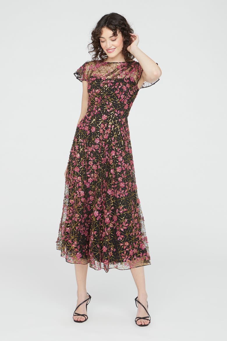 Mariah Beaded Cocktail Dress, Alternate, color, Black/Zinnia