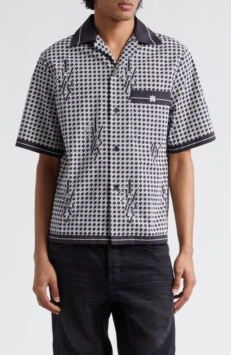 AMIRI Monogram Houndstooth Silk Twill Bowling Shirt, Main, color, 
