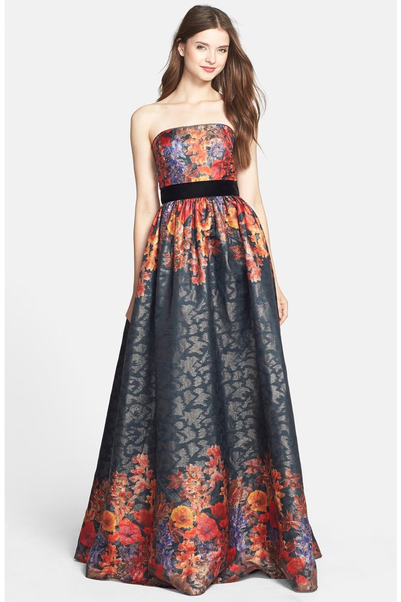 Floral Jacquard Strapless Ballgown, Main, color, BLACK MULTI