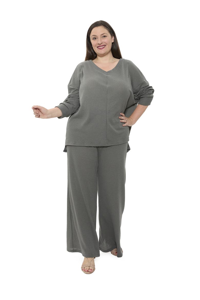 Plus Size V Neck Long Sleeve Soft Waffle Knit Top and Pant Set, Main, color, Grey