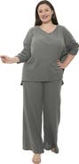 24seven Comfort Apparel Plus Size V Neck Long Sleeve Soft Waffle Knit Top and Pant Set