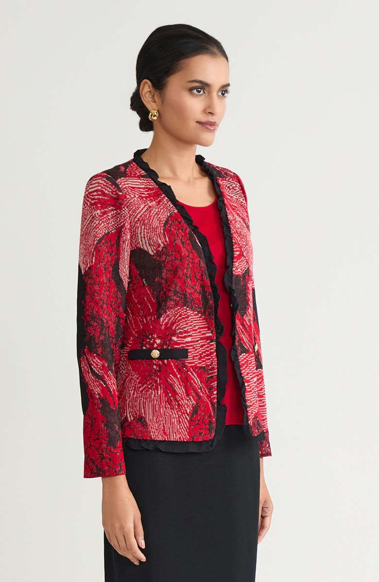 Ming Wang Heritage Floral Ruffle Trim Jacquard Knit Jacket, Alternate, color, Holiday/Twig/Black