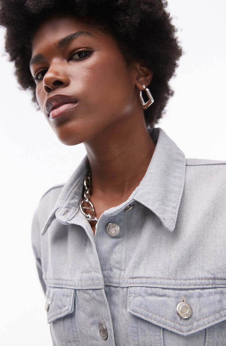 Topshop Cinch Waist Denim Button-Up Shirt, Alternate, color,