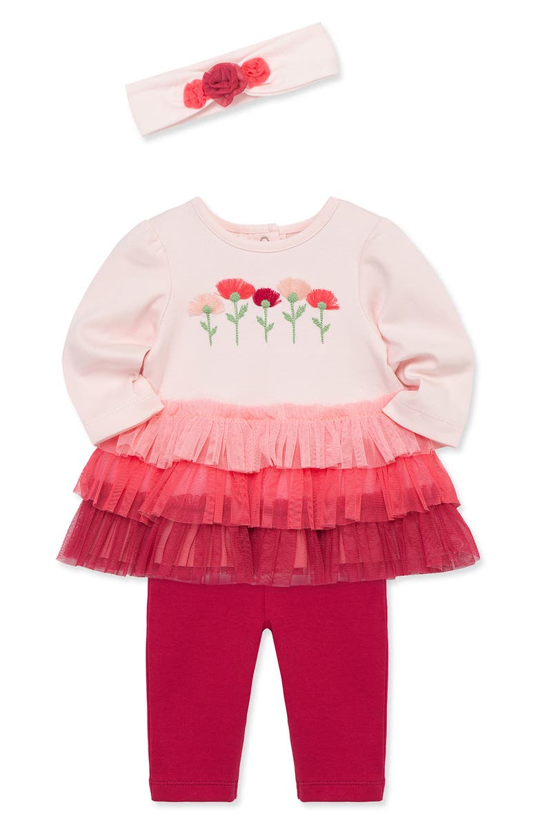 Little Me Fan Floral Ruffle Top, Leggings & Headband Set, Alternate, color, 