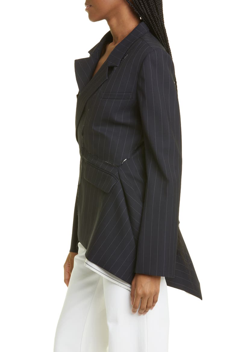 Pinstripe Deconstructed Asymmetric Stretch Wool Blazer, Alternate, color, PINSTRIPE/ MIDNIGHT