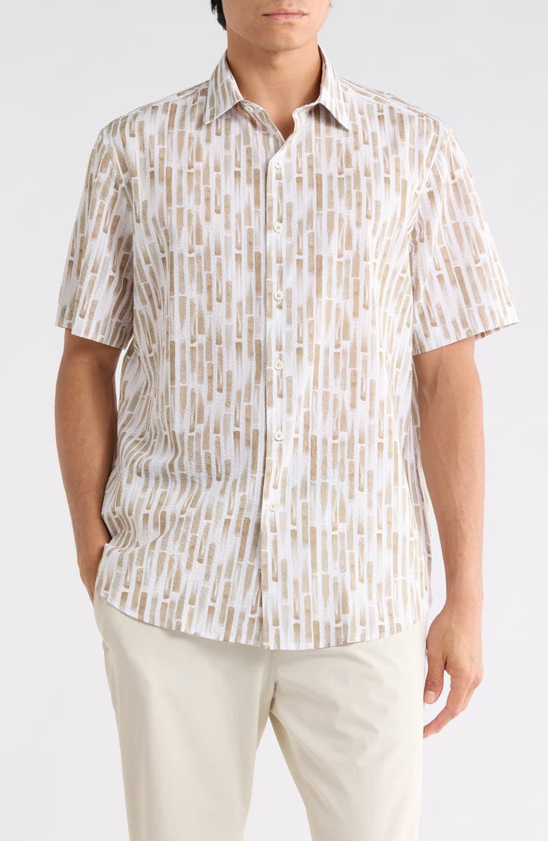 Bugatchi Short Sleeve Cotton Button-Up Shirt, Main, color, Camel