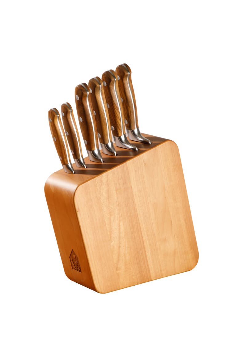 Italian Olive Wood Knife Block Set W/ German Steel Forged Knives, Alternate, color, Natural Wood