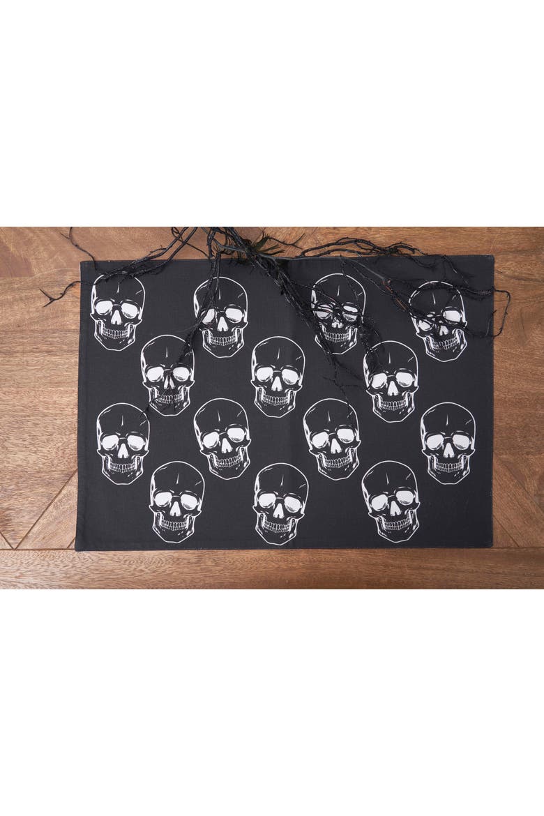 Skully Pattern Motifs Black & White 100% Cotton Set of 6 Halloween Placemats 14" x 20", Alternate, color, Black