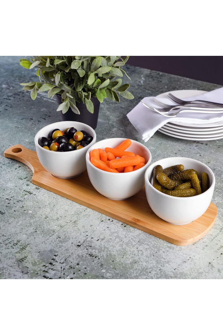Gracious Dining 3 Piece White Fine Ceramic Tidbit Bowl Set with Wood Serving Tray, Alternate, color, White