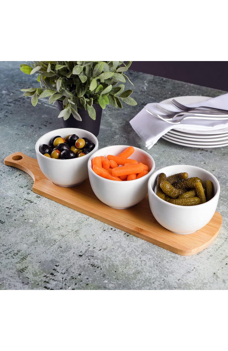 Gibson Gracious Dining 3 Piece White Fine Ceramic Tidbit Bowl Set with Wood Serving Tray, Alternate, color, White