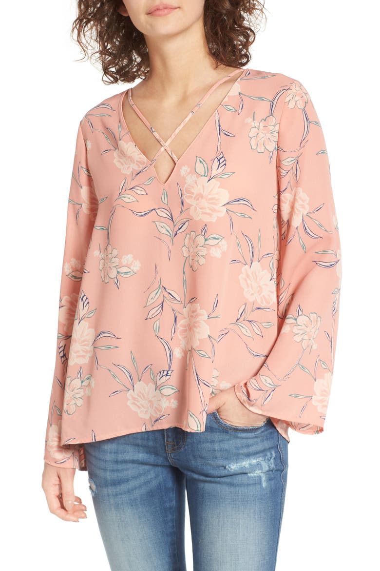 Cross Front Blouse, Main, color, DUSTY MAUVE FLORAL