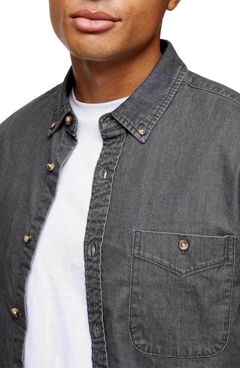 Topman Short Sleeve Button-Down Stretch Denim Shirt, Alternate, color,