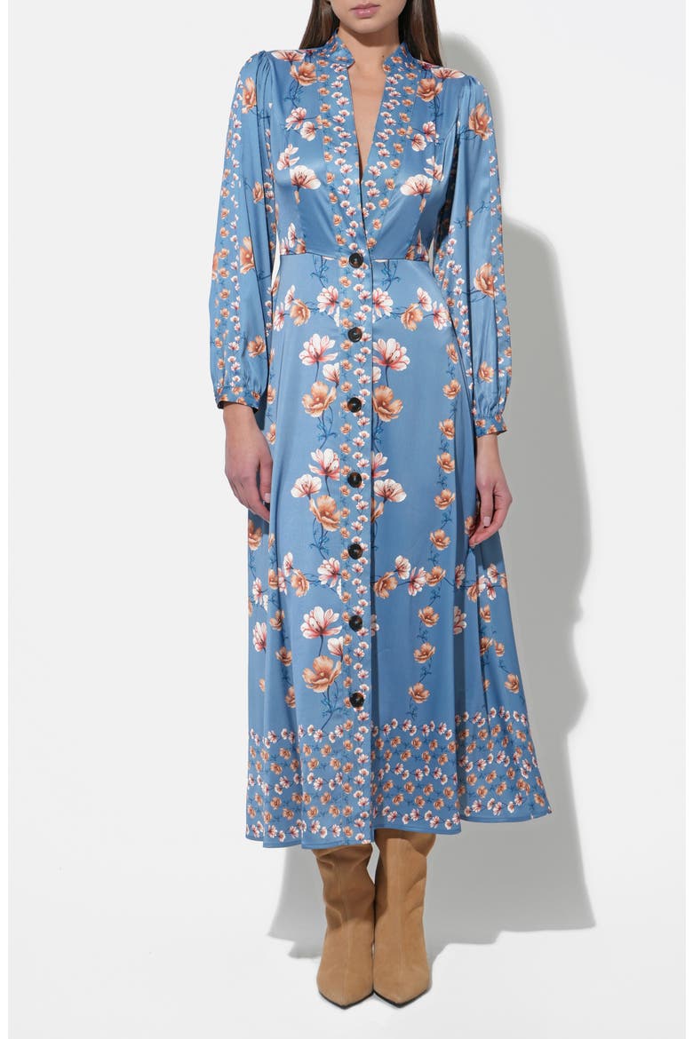 Jailyn Floral Print Long Sleeve Satin Maxi Dress, Alternate, color, HAZE BLUE