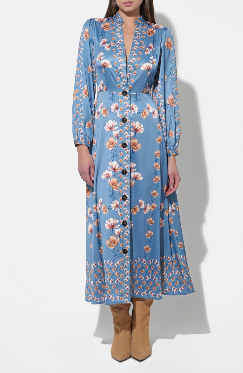 Adelyn Rae Jailyn Floral Print Long Sleeve Satin Maxi Dress, Alternate, color, Haze Blue