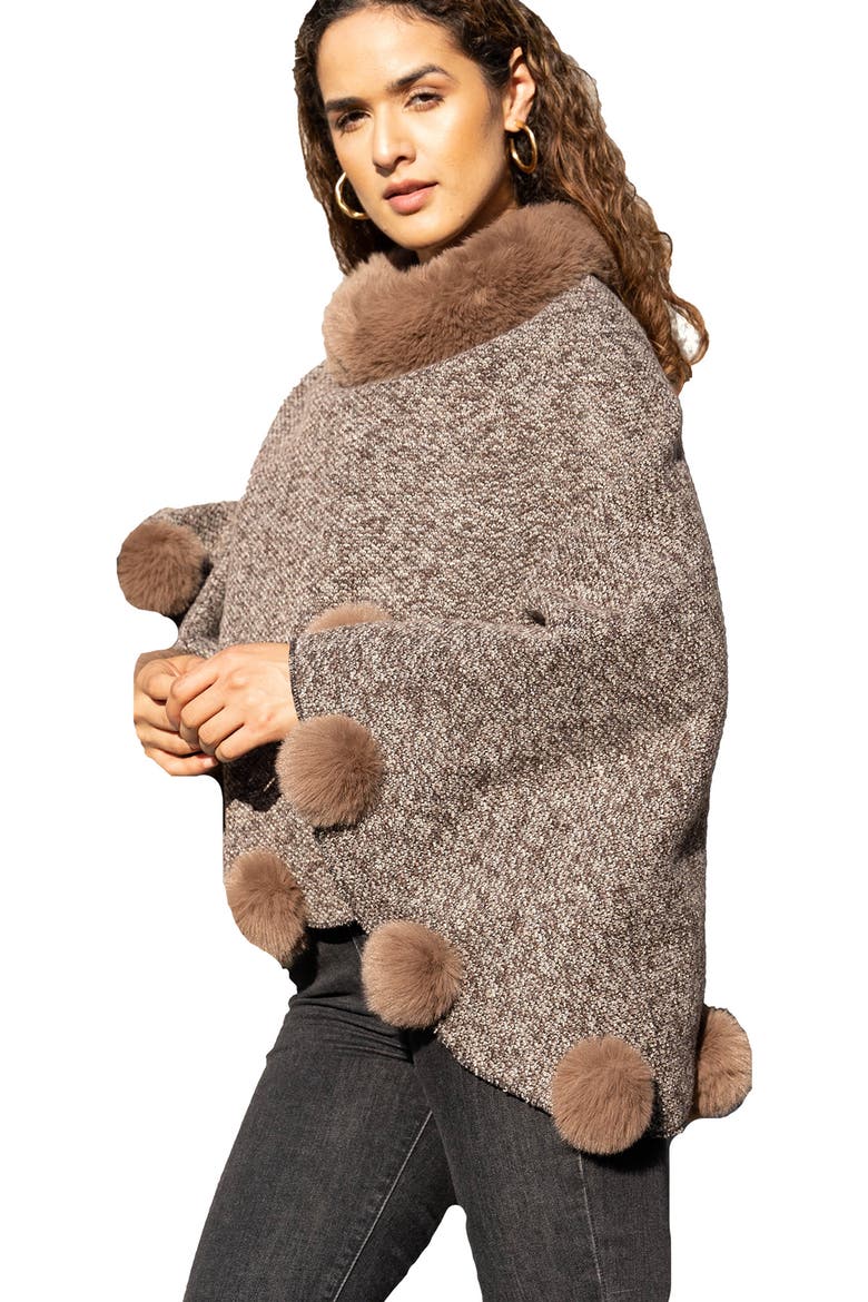 Posey Faux Fur Pompom Adorned Poncho, Alternate, color, CAMEL