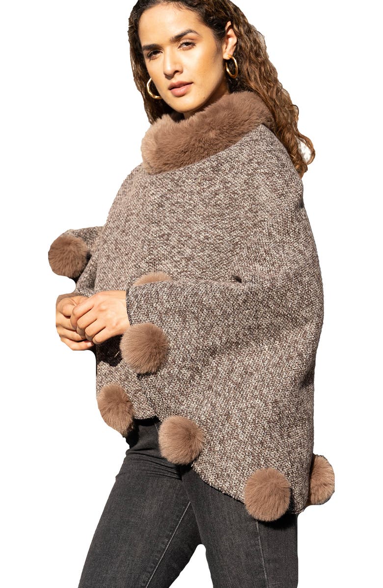SAACHI Posey Faux Fur Pompom Adorned Poncho, Alternate, color, Camel