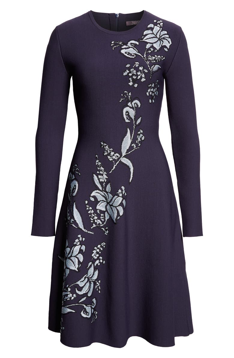 Lela Rose Peony Metallic Jacquard Long Sleeve Fit & Flare Dress, Alternate, color, Navy