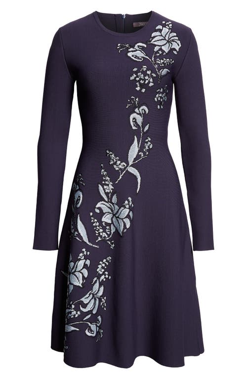 Lela Rose Peony Metallic Jacquard Long Sleeve Fit & Flare Dress In Blue