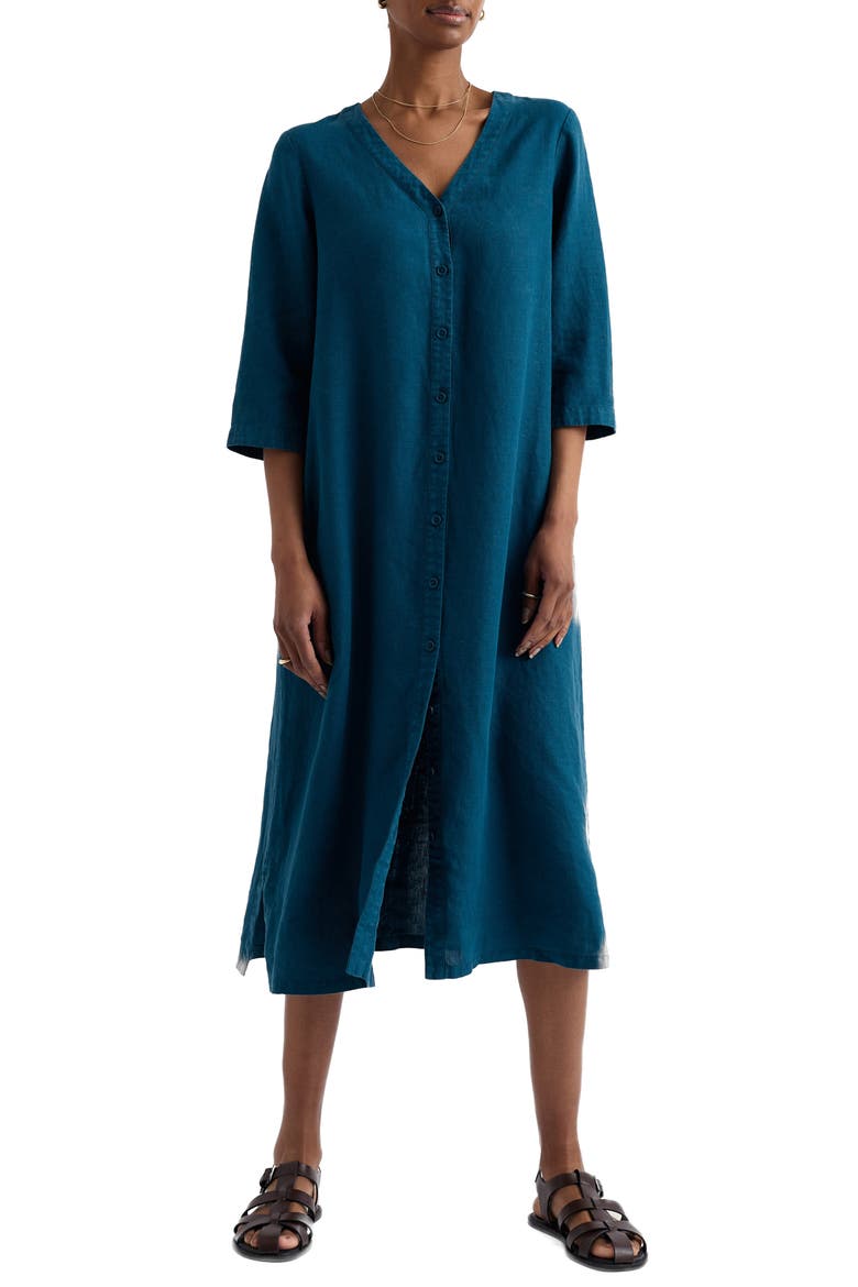 Word Posey Linen Button-Up Dress, Main, color, OCEAN DRIFT