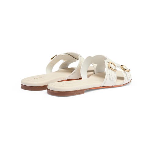 Santoni Leather Double-buckle Didi Slide Sandal In White