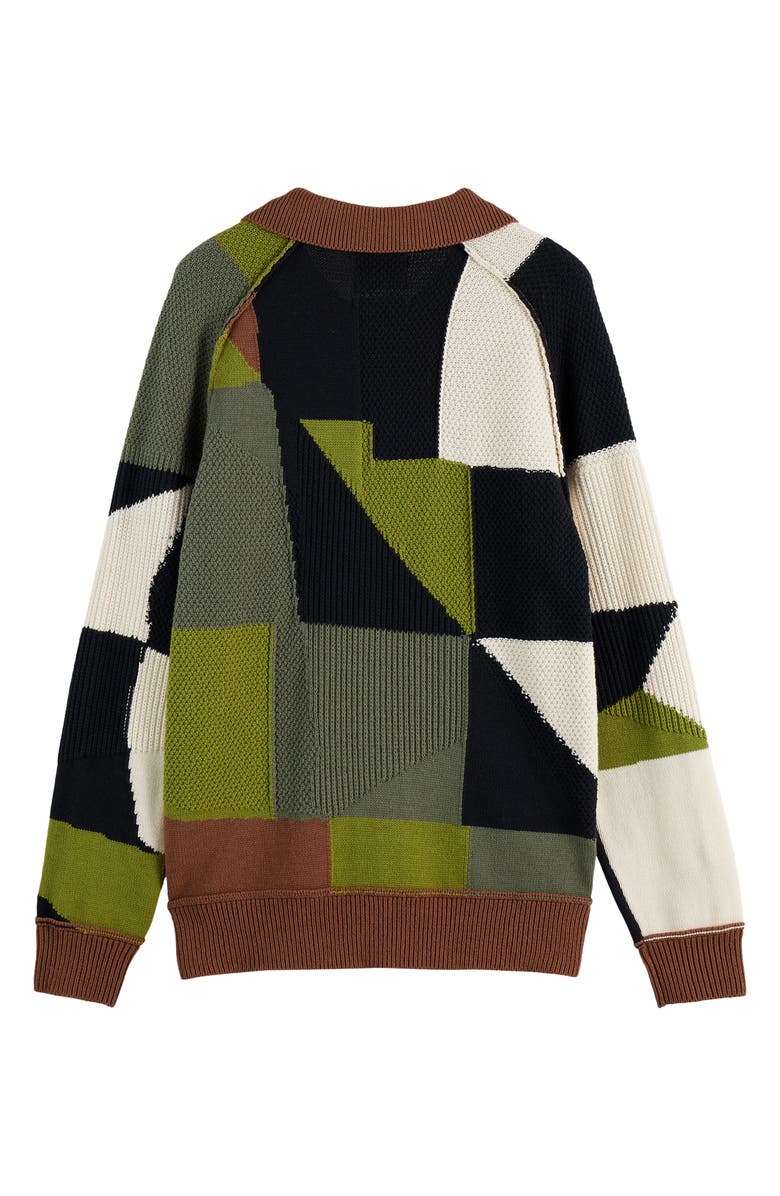 Scotch & Soda Pieced Patchwork Polo Sweater, Alternate, color, Zigzag Patchwork