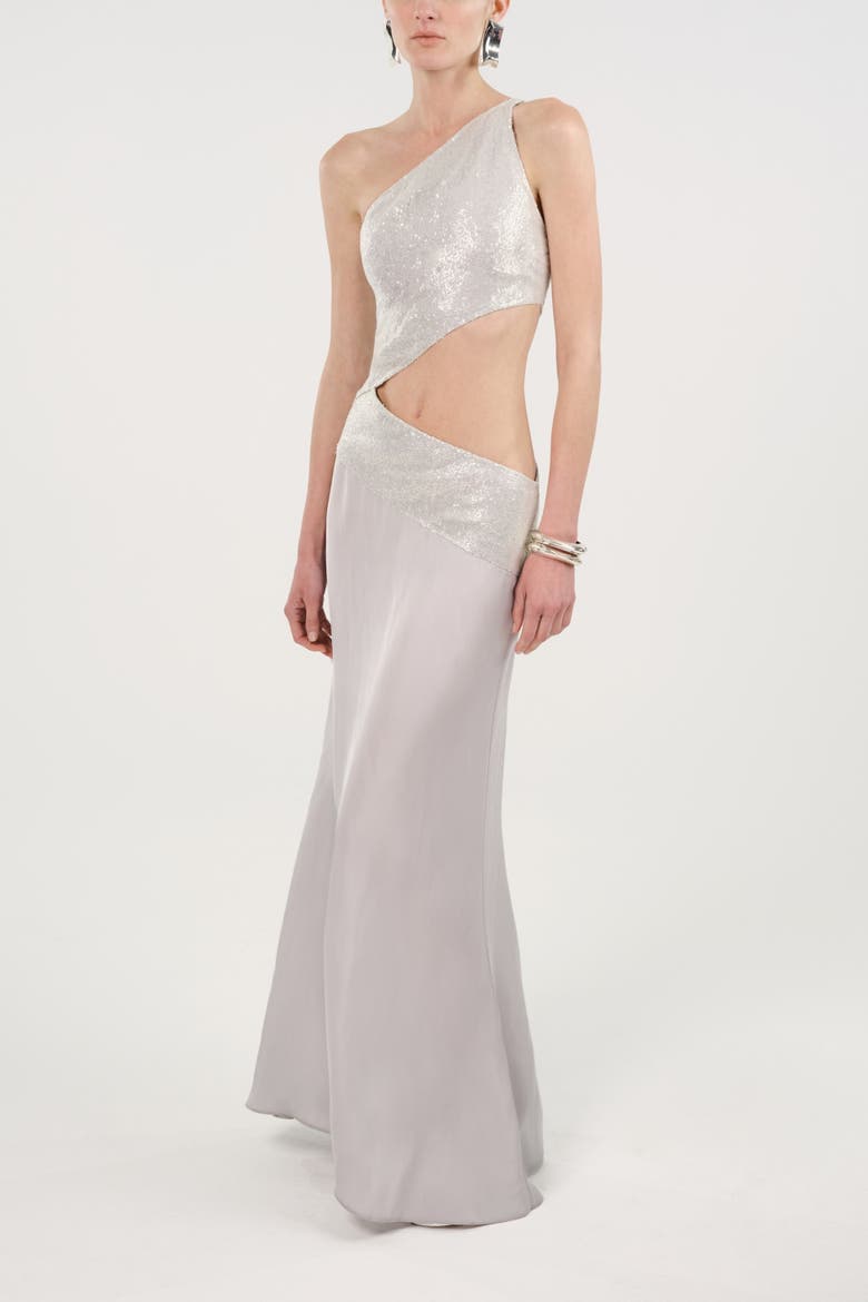 Sequin One Shoulder Cutout Maxi Dress, Alternate, color, Metallic Silver