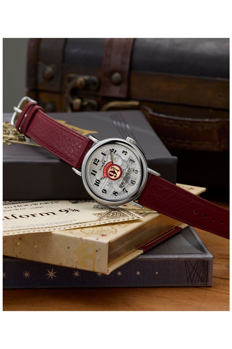 Harry Potter x Timex Weekender Platform 9 3/4 37mm Leather Strap Watch, Alternate, color, WHITE/ SILVER-TONE